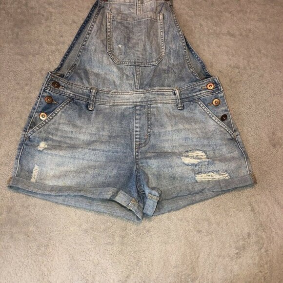FOREVER 21 Distressed Denim W/ Pockets Embroidered Overall Jean Shorts - Picture 3 of 10
